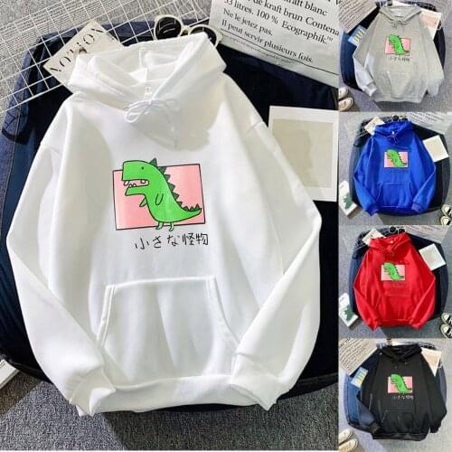 Cute Dinosaur Hoodies Women Japanese Print Long-sleeve Oversized Sweatshirt Fall Winter Casual Blouse Pullover Thick Plus Velvet
