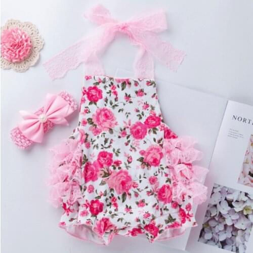 Fashion Baby Girls Lace Rompers and Bows Headband Clothing Sets Protecting Belly Rompers Infant Toddler Kids Birthday Outfits