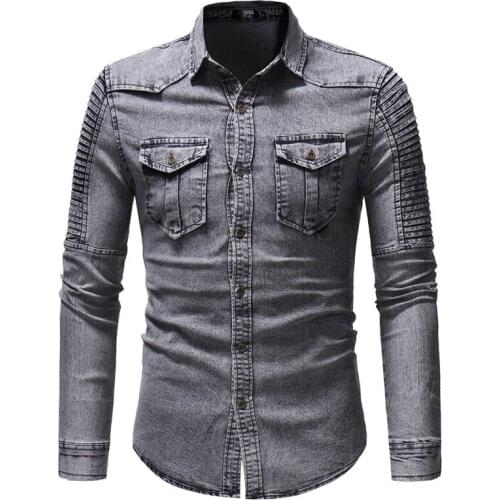 2019 Mens Spring and Autumn Washed Pleated Pocket Single-breasted Denim Shirt / Premium European and American Slim Long Sleeve