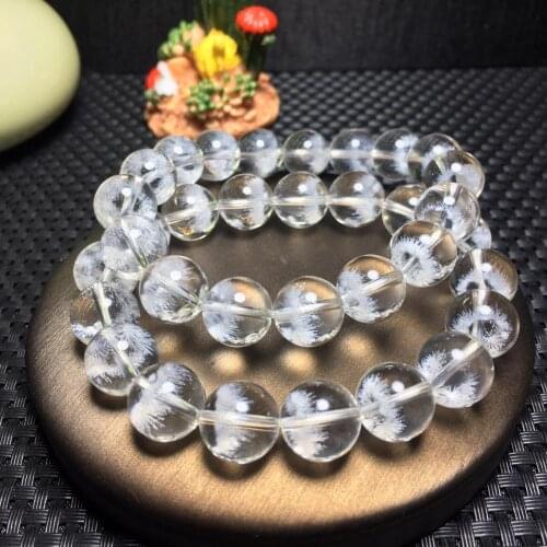 8mm Genuine Natural White Rutilated Quartz Snow Bracelet Clear Round Beads Bangle Cat Eye Women Men Wealthy AAAAA