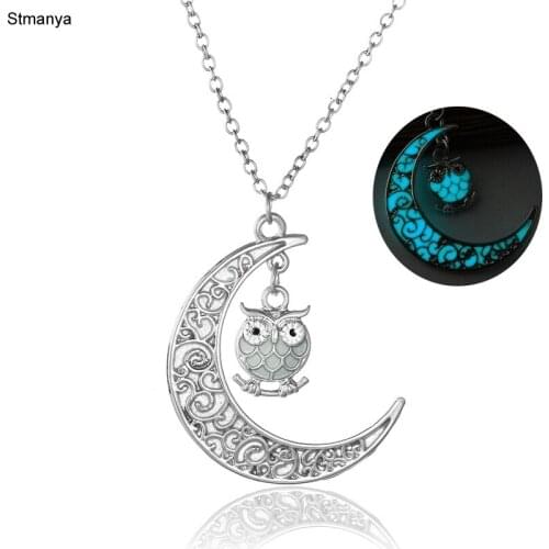 New Fashion Glowing Stone owl Necklace Jewelry Hollow Water Drop Glowing Pendant Glow In The Dark Silver Color Necklace N1129