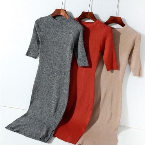 Obrix long slim fit dress o-neck short sleeve mid calf casual style Korean fashion