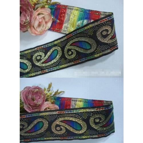 5cm single face national style polyester and metallic yarn Paisley image embroidery woven webbing,LLT170308N