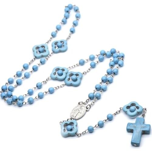 Catholic Turquoise Rosary Necklace Virgin Mary Charm Round Bead Cross Necklaces Religious Fashion Jewelry