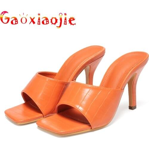 2021 Summer New Stone Pattern High Heel Slippers Women Fashion Square Toe Thin Heels9CM ladies Slides Office Sandals Woman Shoes