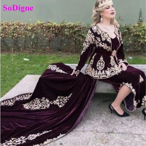 SoDigne Algeria Caftans Burgundy Formal Dress Long Sleeve Evening Gowns Moroccan Velour Vintage Party Dress with Embroidery