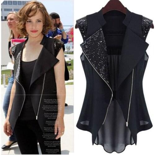 Super Fashion Sequined Patchwork Women Vest, Trending Turn-down Collar Zipper Chiffon Vest
