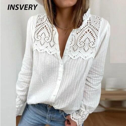 Spring Autumn Women T-shirt V Neck Lace Shirt Women Long Sleeve Button Tops Hollow Out Office Ladies T Shirt Solid White Shirts