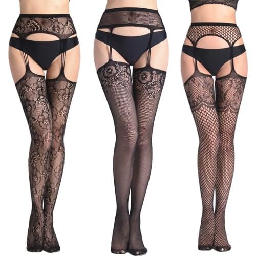 Lingerie Mesh Stockings Lady garters Black Lace Print Hollow Out Sexy Pantyhose Female underwear Women Fishnet Tights Stocking