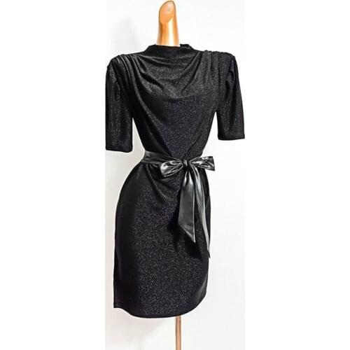 2020 New Latin Dance Dress Women Half Sleeve Black Performance Costume With Belt Dancing Cloth Belly Chacha Ballroom Dresses