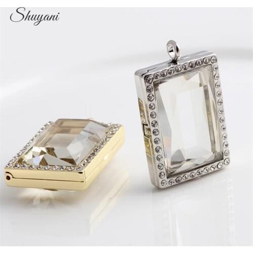 5pcs/lot Fashion Rectangle Shape Living Memory Glass Locket Pendant Necklace Rhinestone Floating Locket Women Accessories