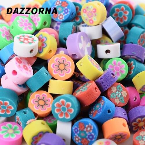 Mixed 50/100Pcs Cute Cartoons Round Flower Pattern Polymer Clay Loose Beads For Jewelry Making DIY Necklace Bracelet Accessories