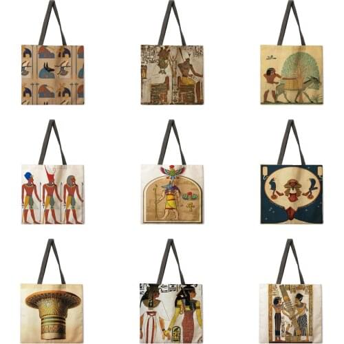 Egyptian mural print tote bag linen fabric casual tote bag foldable shopping bag reusable beach bag lady shoulder bag
