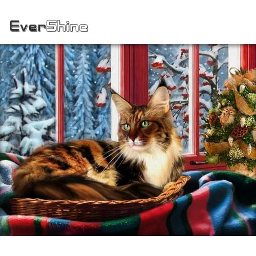 EverShine Diamond Painting 5D Cat Full Drill Square Diamond Embroidery Animal Rhinestones Mosaic Winter Picture Wall Decor