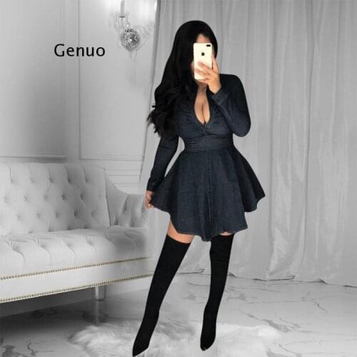 European and American Women Single Breasted Fall New Style Lapel Jean Shirt Hot Style Fashion Swing Dress