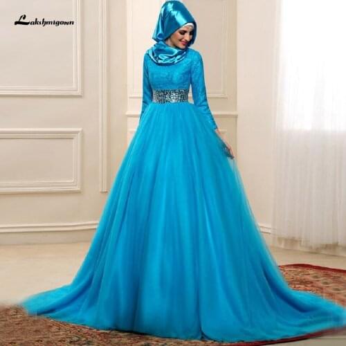 Hijab Blue Dress Wedding for Muslim 2020 Elegant Long Sleeve Bridal DressCrystal Beaded Islamic Wedding Gowns Robe de Mariage