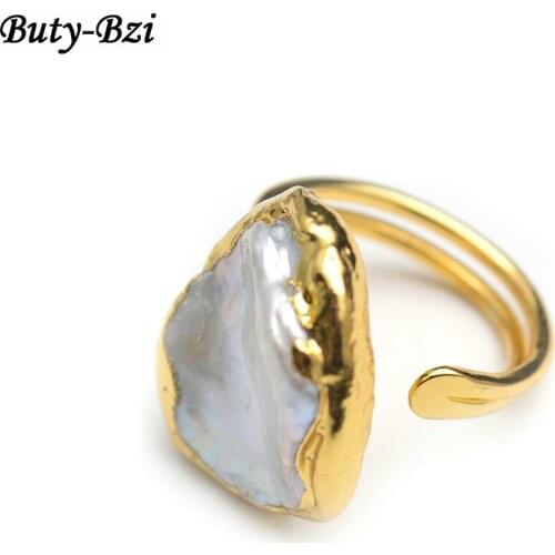 Natural White Pearl Gold Plating Circle Metal Rings Fashion Party Jewelry