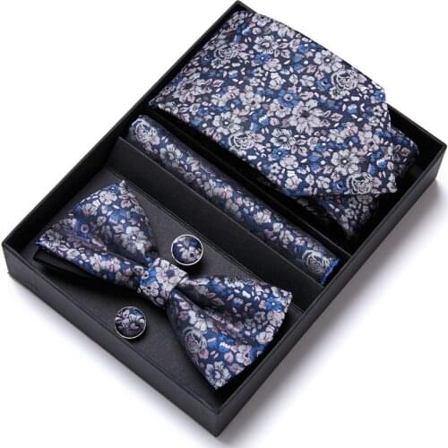 With Box Tie Sets Mens 7.5cm Slim Tie Floral Ties Hanky Bowtie Blue Necktie Pocket Square Bow ties For Men Wedding Party