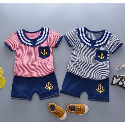 Summer new childrens short sleeve suit baby embroidered navy suit striped round neck short sleeve shorts two piece set fashion