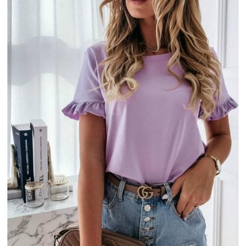 Summer Short Sleeve Casual Plain Women T-Shirt Tee Shirt Femme Ruffles Top