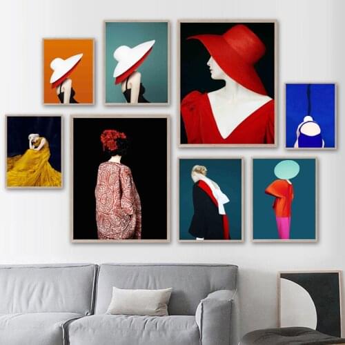 Fashion Women Back Skirt Hat Dress Trendy Wall Art Canvas Painting Nordic Posters And Prints Wall Pictures For Living Room Decor