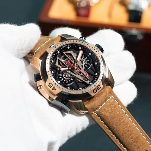 Reef Tiger/RT Luxury Brand Automatic Mechanical Watches Man Leather Waterproof Mens Rose Gold Sapphire Relogio Masculin RGA3591