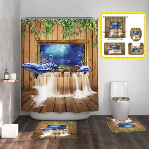 3D Aquarium Wood Grain Pattern Bathroom Curtain Set Shower Curtains Non Slip Mats Bath Toilet Seat Cover Floor Mat Pedestal Rug