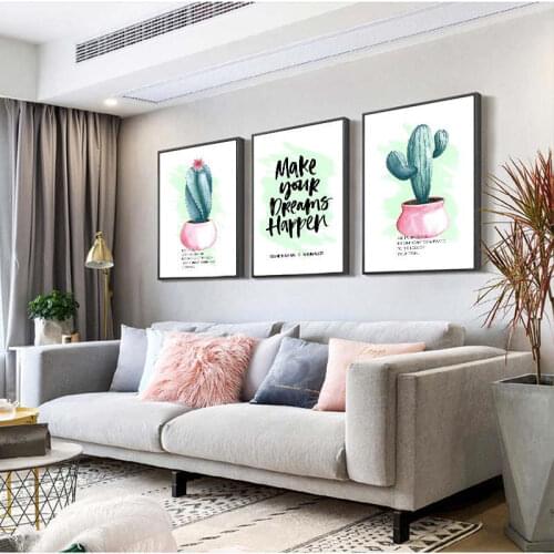 Yumeart Nordic Style Simple Cactus Plant Print Picture Decorative Modular Picture Wall Art Canvas Painting for Living Room Décor