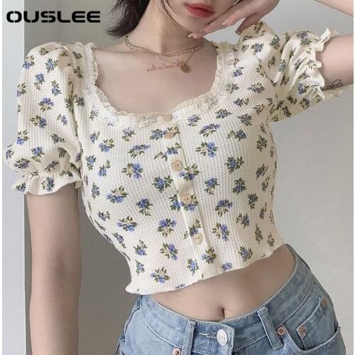 Ouslee New Womens Fashion Floral Print T-shirt Lace Cardigan Casual O-Neck Sweet Vintage Style Crop Top Buttons Streetwear