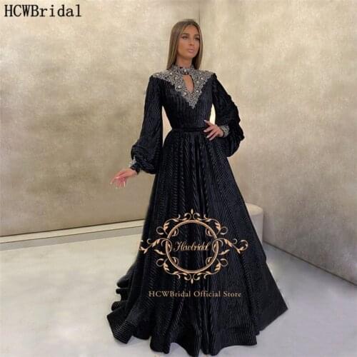 New Black Muslim Evening Dress Chic Crystal Velvet Long Sleeve A Line Arabic Women Formal Dresses Plus Size Prom Party Gowns