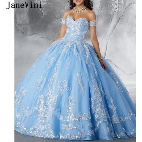 JaneVini Charming Light Sky Blue Quinceanera Dresses Ball Gown 2019 Strapless Sequined Tulle Princess Prom Gowns Vestidos De 15