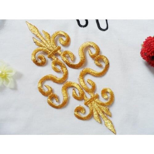 Popular embroidery patches appliques iron on gold thread lace motifs for lady evening dress sewing