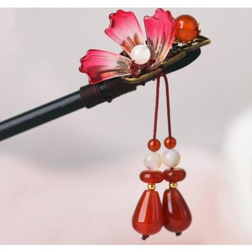 Handmade Shell Quartz Stone Crystal Hair Pin Vintage Wood Hair Sticks Sandalwood Flower Hairpin Headdress Women Hair Jewelry