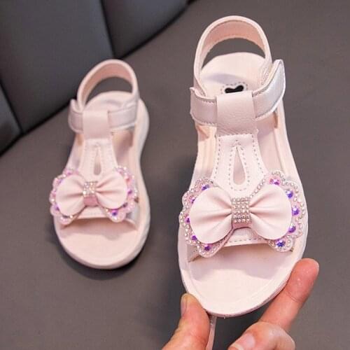 New Girls Princess Sandals Bowtie Rhinestone Sandals Childrens Shoes Girls Flats Shoes Summer Cute Solid Color Fashion Sandals
