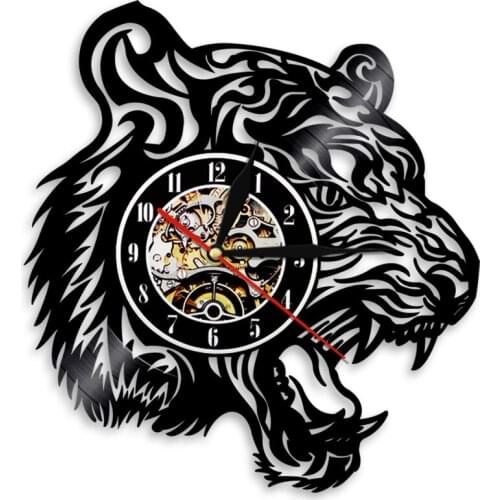 Tiger Creative Vinyl Record Wall Clock Wild Animals Vintage Wall Hanging Watch Non-Ticking Home Decoration African Nature Clocks