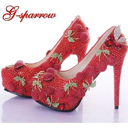 Luxurious Wedding Prom Party Shoes Red Rhinestone Cherry Design Customized High Heel Bridal Shoes Shining Banquet Dress Shoes