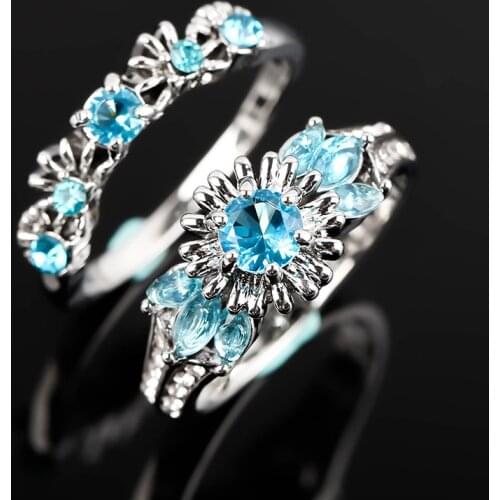 Gorgeous Silver Plated Rose Flower Ring Micro Paved Rhinestone Blue Zircon Rings For Women Wedding Party Jewelry Gift D5M879