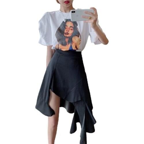 PERHAPS U Women Punk Style Black Irregular Asymmetrical High Waist Edible Tree Fungus Ruffles Trumpet Mermaid Short Skirt S3011