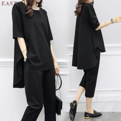 2 piece set women elastic waist long tops casual o-neck solid black leisure mid sleeves casual female colthes AA3707 Y a