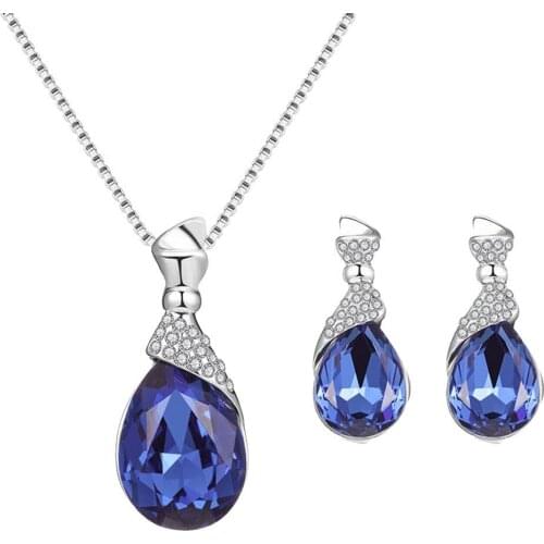 Women Water Drop Shape Rhinestone Pendant Ear Stud Earrings Necklace Jewelry Set bijoux perle mariage