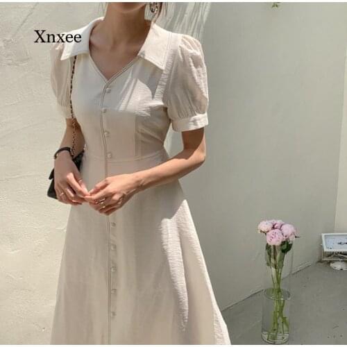 Retro Long Shirt Dress Vintage V Neck Summer Bodycon Short Sleeve Elegant Office Lady Single-Breasted Button Chic Korean Robe