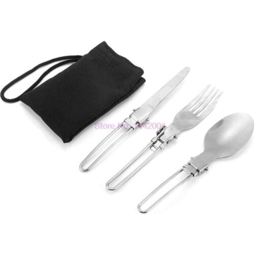 100set 3 pcs/set Portable Outdoor Camping Travel Picnic Foldable Stainless Steel Cutlery Set Spoon Fork tableware with bag