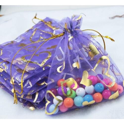 100pcs 9x12cm Drawable Organza Bags Heart Purple color Wedding Christmas Gift Bag Jewelry Packaging Bags Pouches