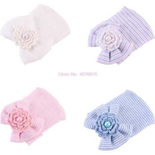 DHL 100pcs Crochet Cute Newborn Cap Baby Girl Comfy Bowknot Hospital Cap Striped Hat Toddler 0-6M