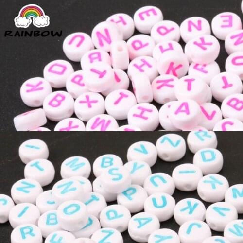 Mixed White Bottom Pink Blue Letter Flat Round Shape Acrylic Material Pony Beads For Jewelry Making Accessory DIY 7x4mm 200pcs
