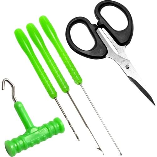 5Pcs/Set Baiting Needle Set Carp Fishing Bait Tool Kit Hook Load Rig Knot Puller Fish Tackle Scissors Drill Splicer