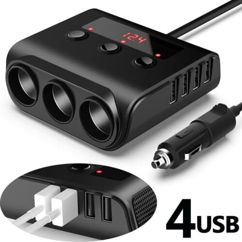 Car Charger Auto USB Cigarette Light 100W 3 Way 12-24V Auto Car Cigarette Lighter Socket 4 USB Port Phone Charger