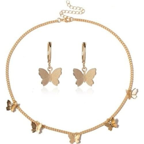 Bohemian Punk Earrings Necklace Jewelry Set Gold and Silver Butterfly Shape Stud Earrings Best Gifts for Ladies Girls