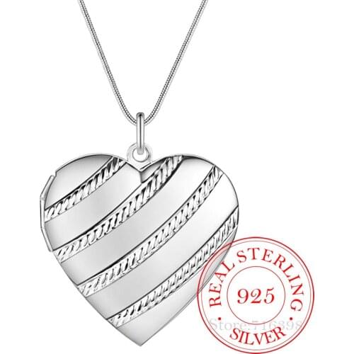 100% Real 925 Sterling Silver Love Heart Photo Frame Pendant Snake Chain Necklaces For Women Fashion Wedding Charm Jewelry