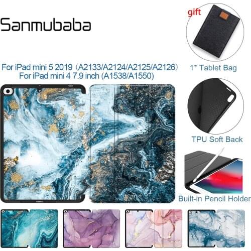 Sanmubaba Marble Texture Case For iPad mini 5 2019 mini 4 7.9'' TPU Soft Back PU Leather Smart Tablet Cover With Pencil Holder
